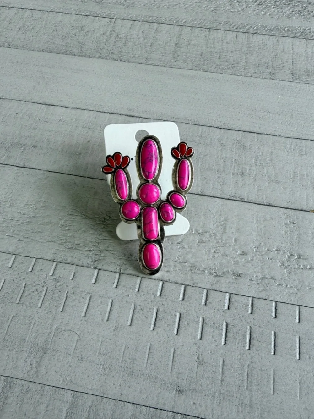Western Pink Cactus Statement Ring with Red Flower Accents New